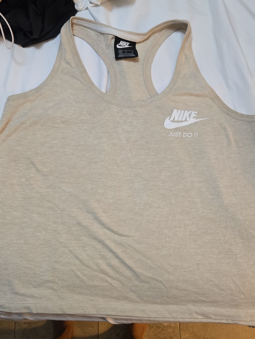 Nike Women's Oatmeal Racerback Tank Top with White Logo
